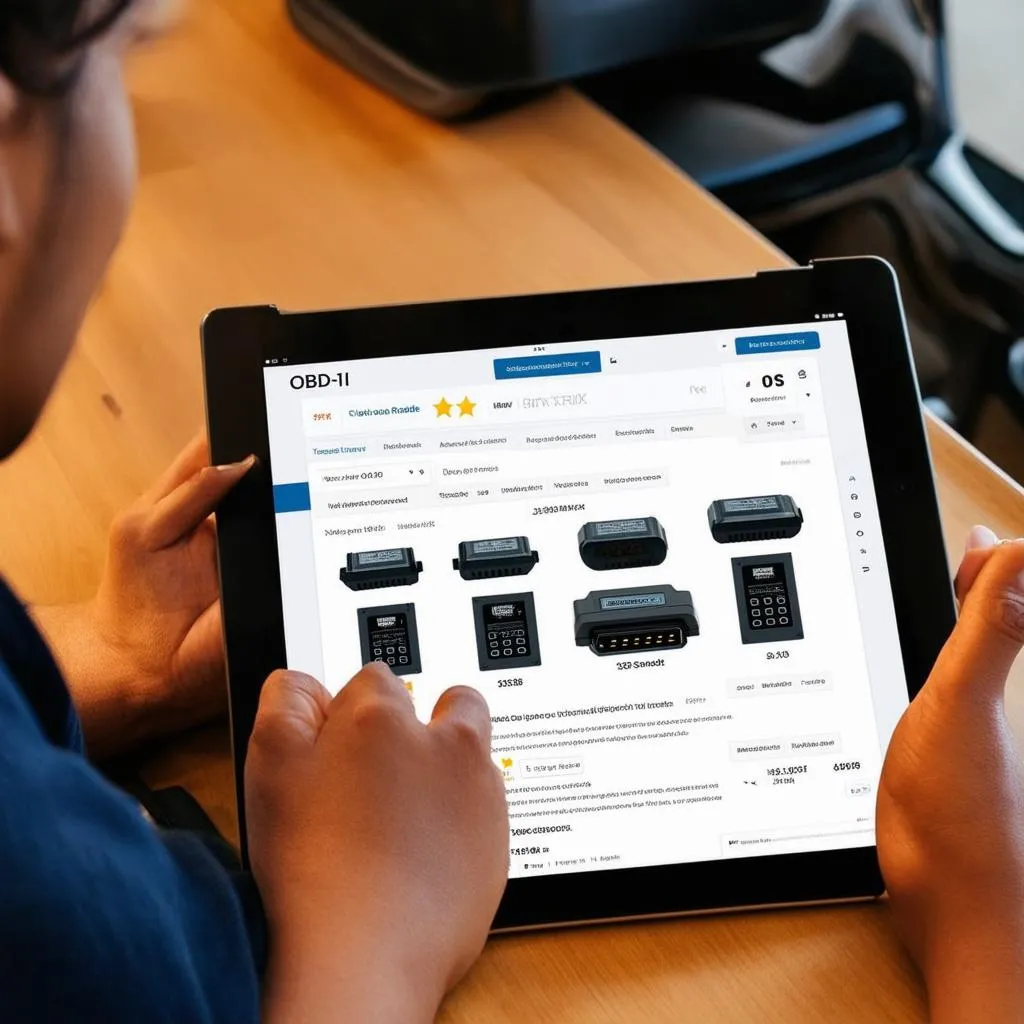 A person using a tablet to read online reviews for an OBD2 reader