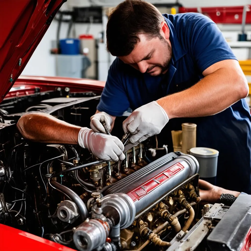 Vintage Car Mechanic Working