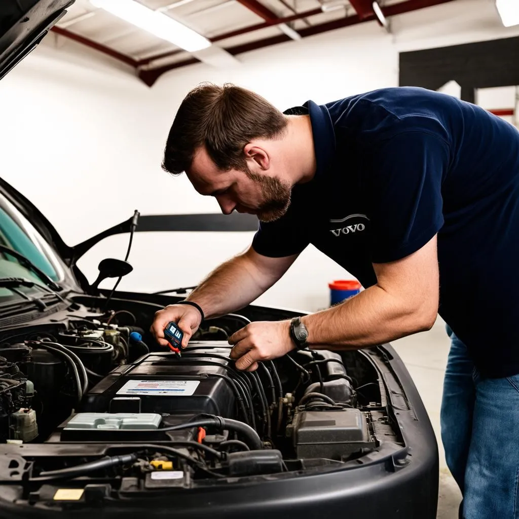 Volvo Mechanic Working on Car