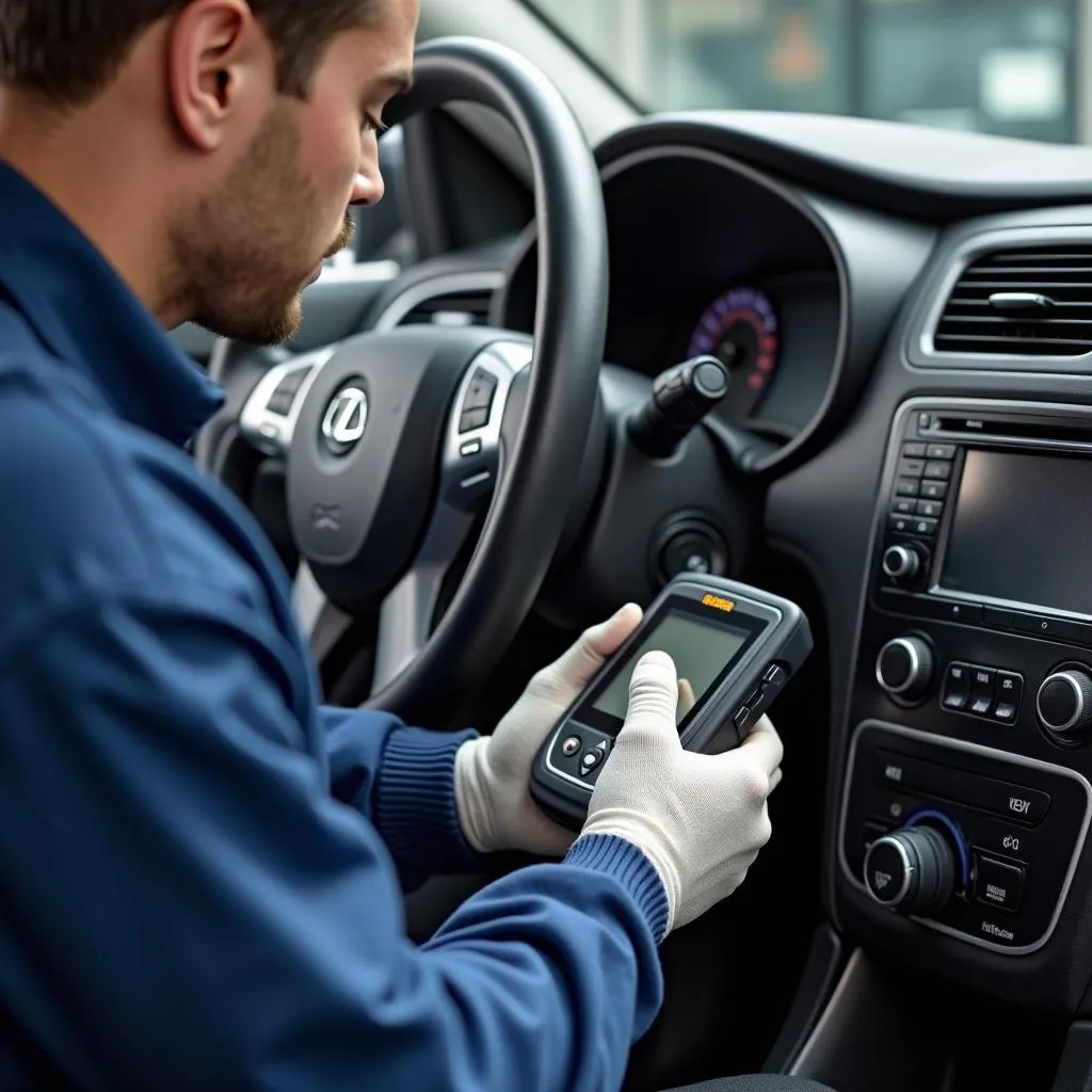 A technician is using a diagnostic scanner to check for error codes in a car