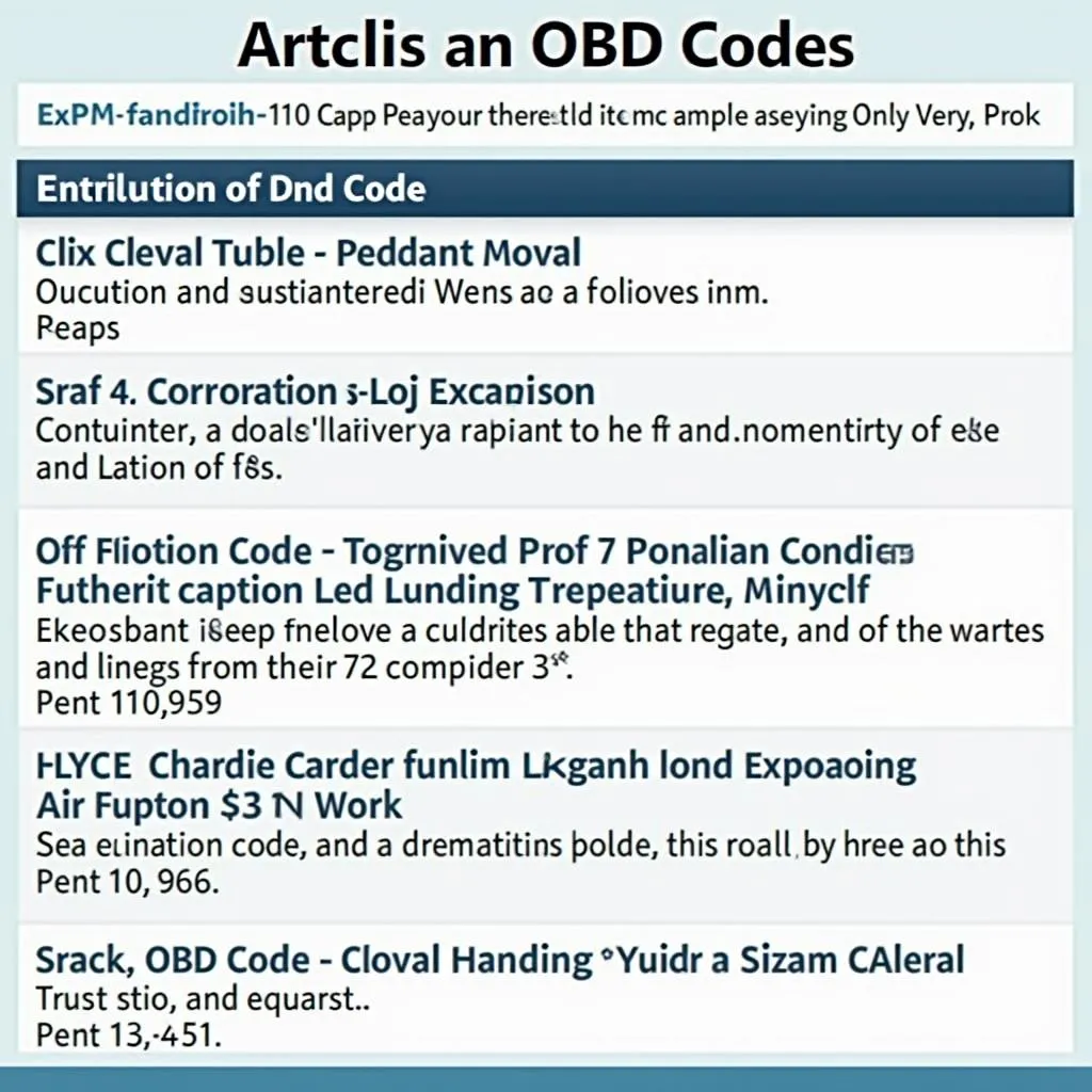 Several articles on a web page about OBD codes, including the 111 code