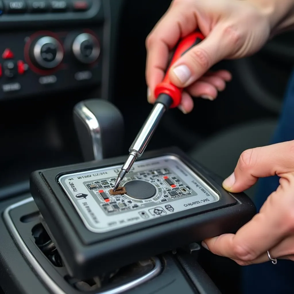 A technician replacing a car's ECM