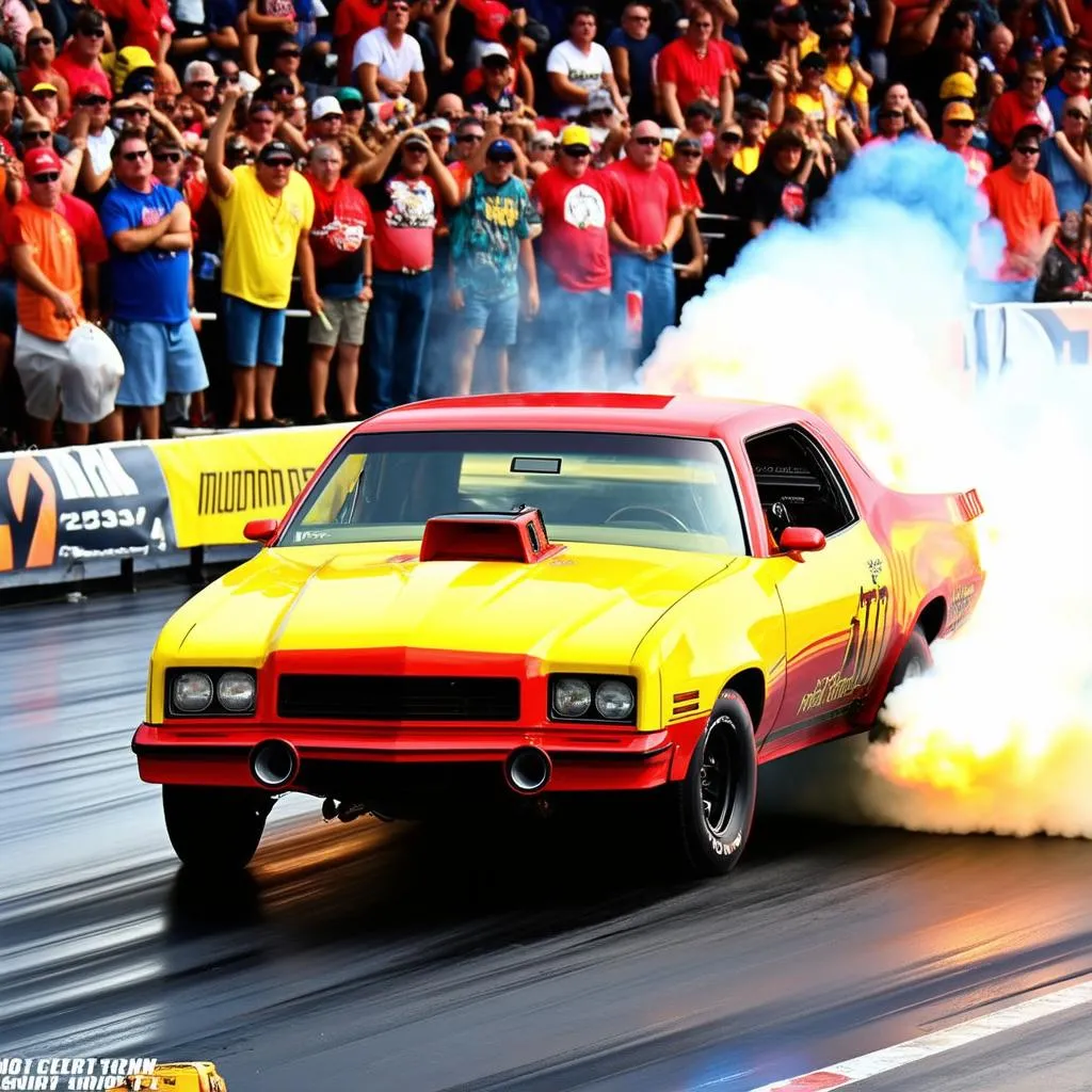 A bright yellow and red 1977 Chevy Monza Funny Car on a dragstrip, surrounded by smoke and flames.