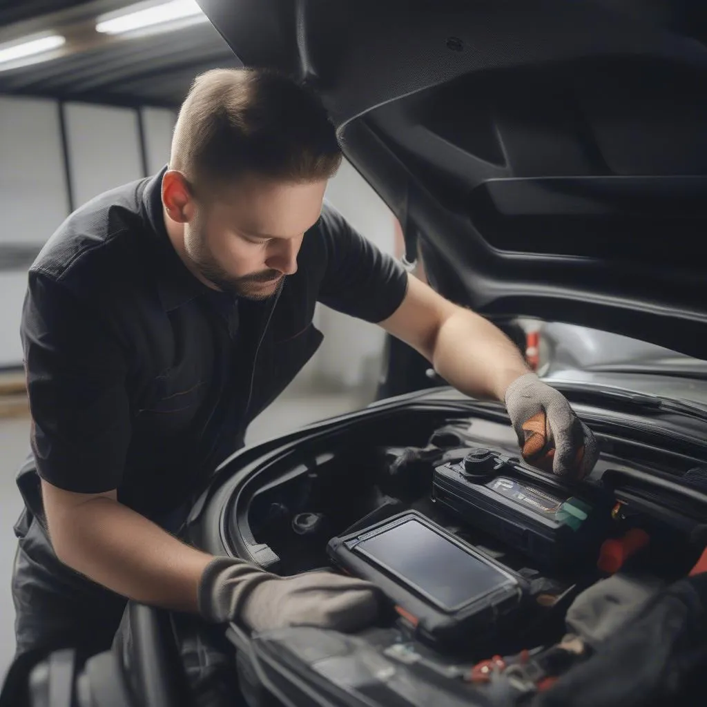 Mechanic installing a GPS tracker in car