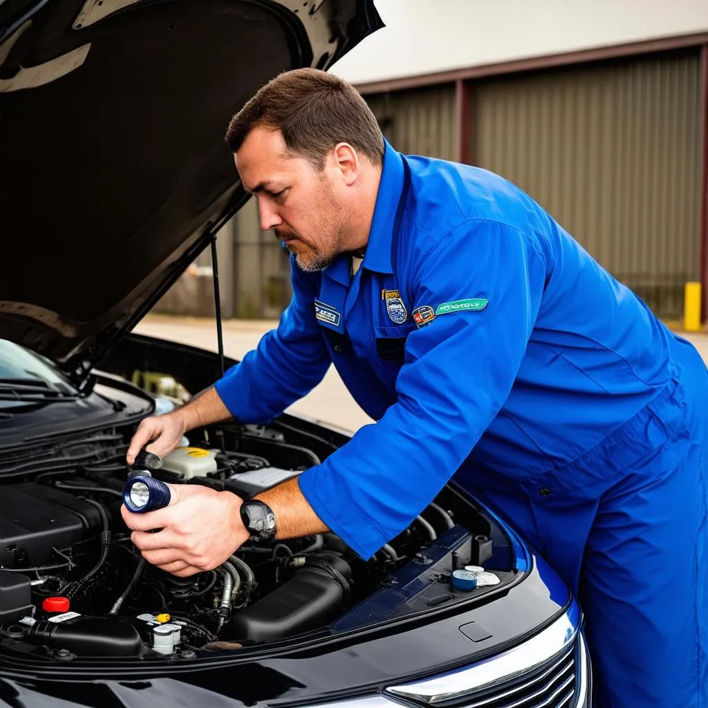 Mechanic Inspecting Chrysler Engine Bay