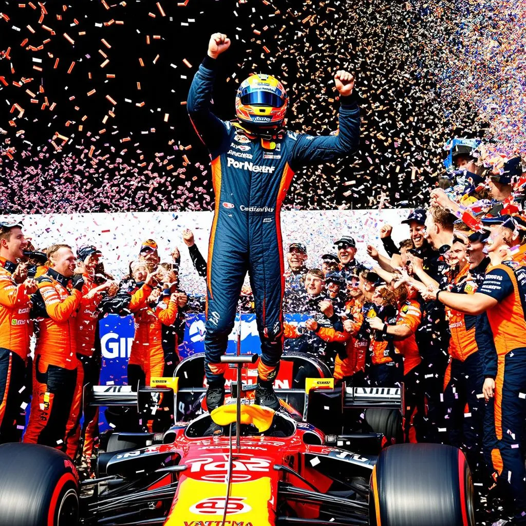 Max Verstappen celebrates a Formula 1 race victory