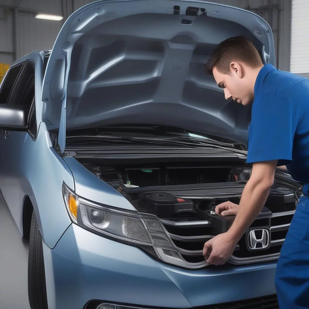 Mechanic using a diagnostic tool