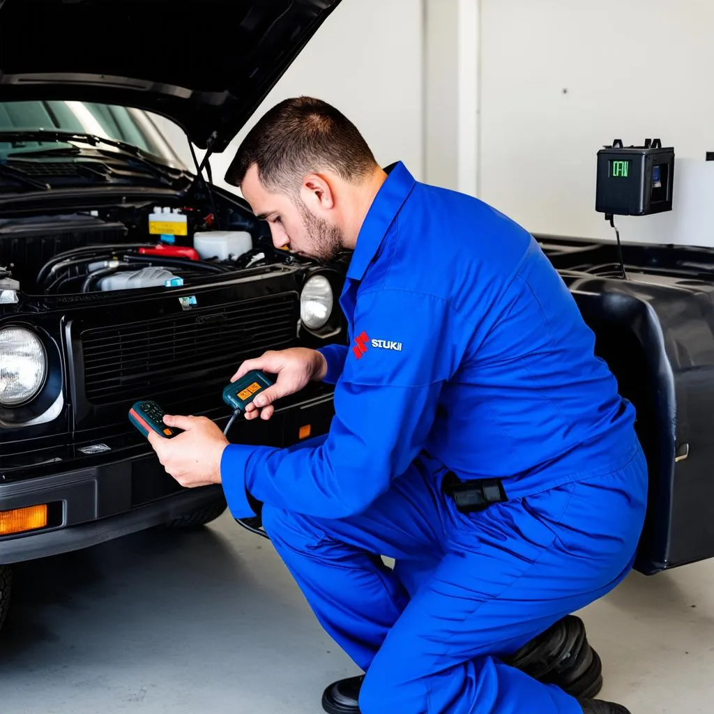 Mechanic diagnosing a car problem