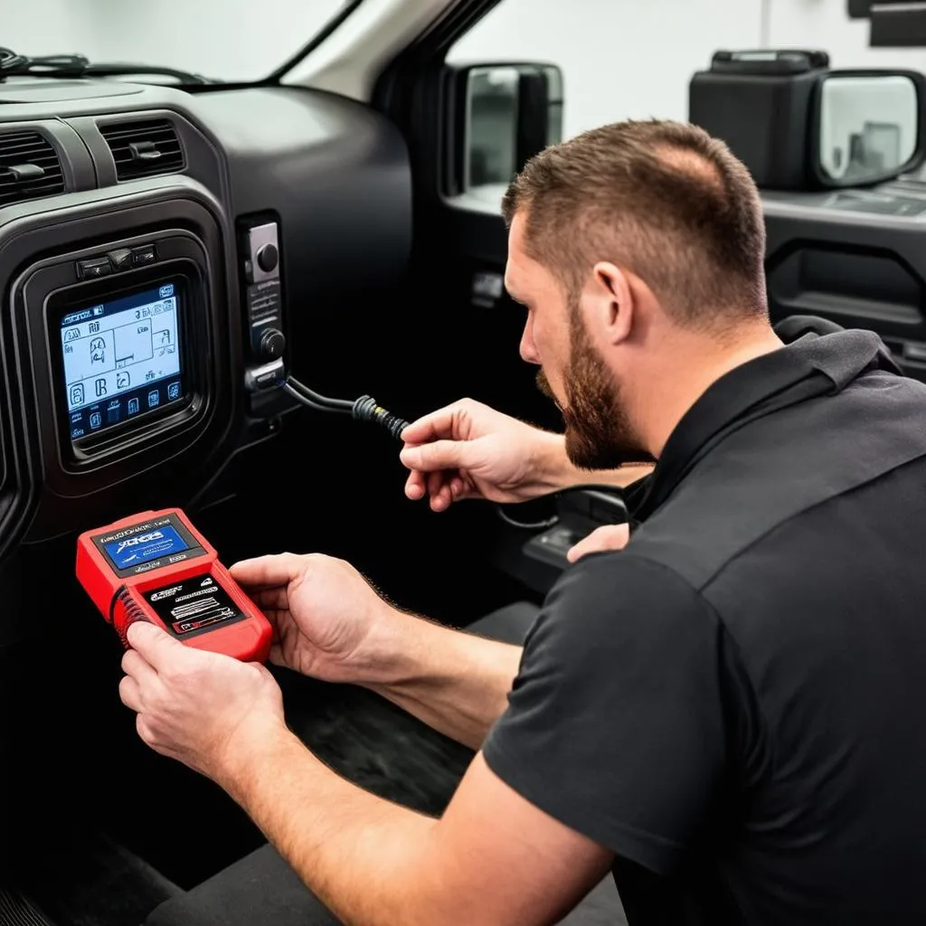 Mechanic plugging a diagnostic tool into the OBD port of a 2012 Chevy Silverado