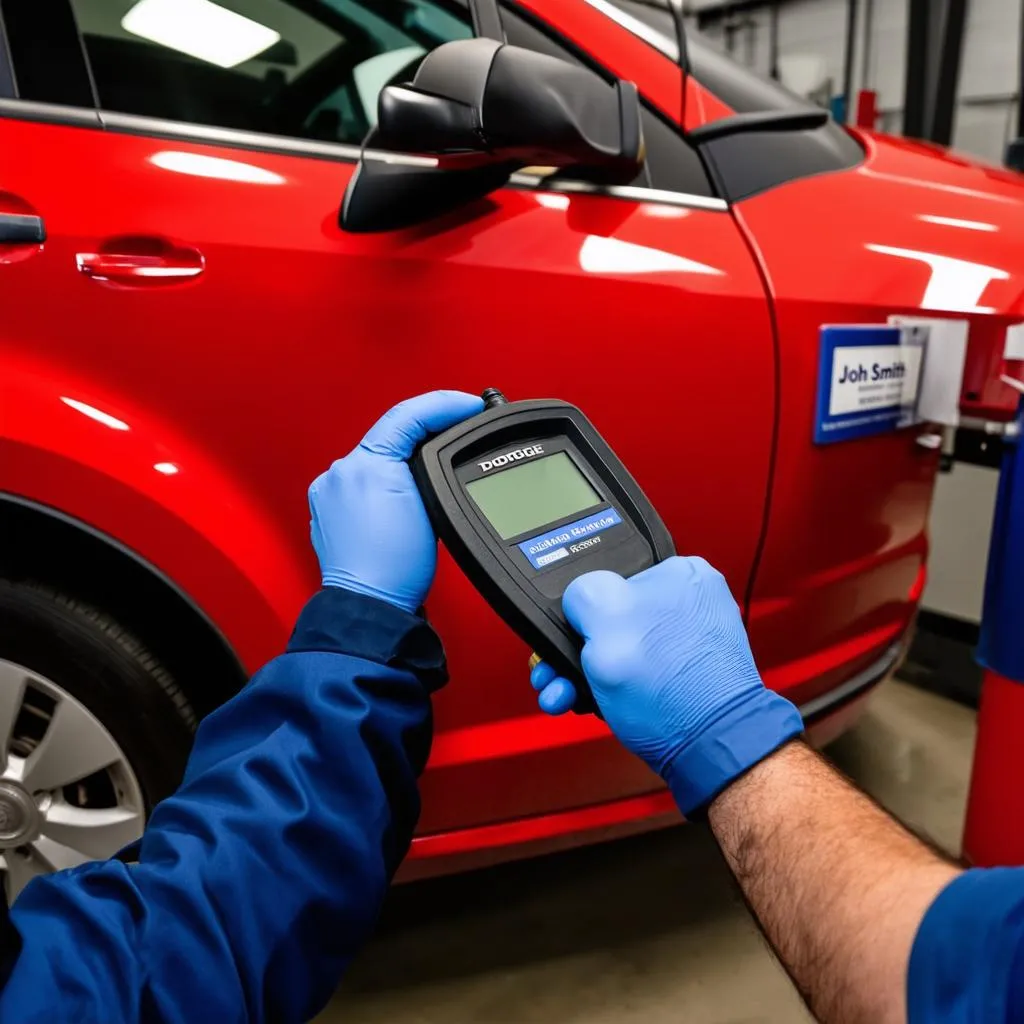 Mechanic connecting an OBD scanner to the port on a Dodge Caliber