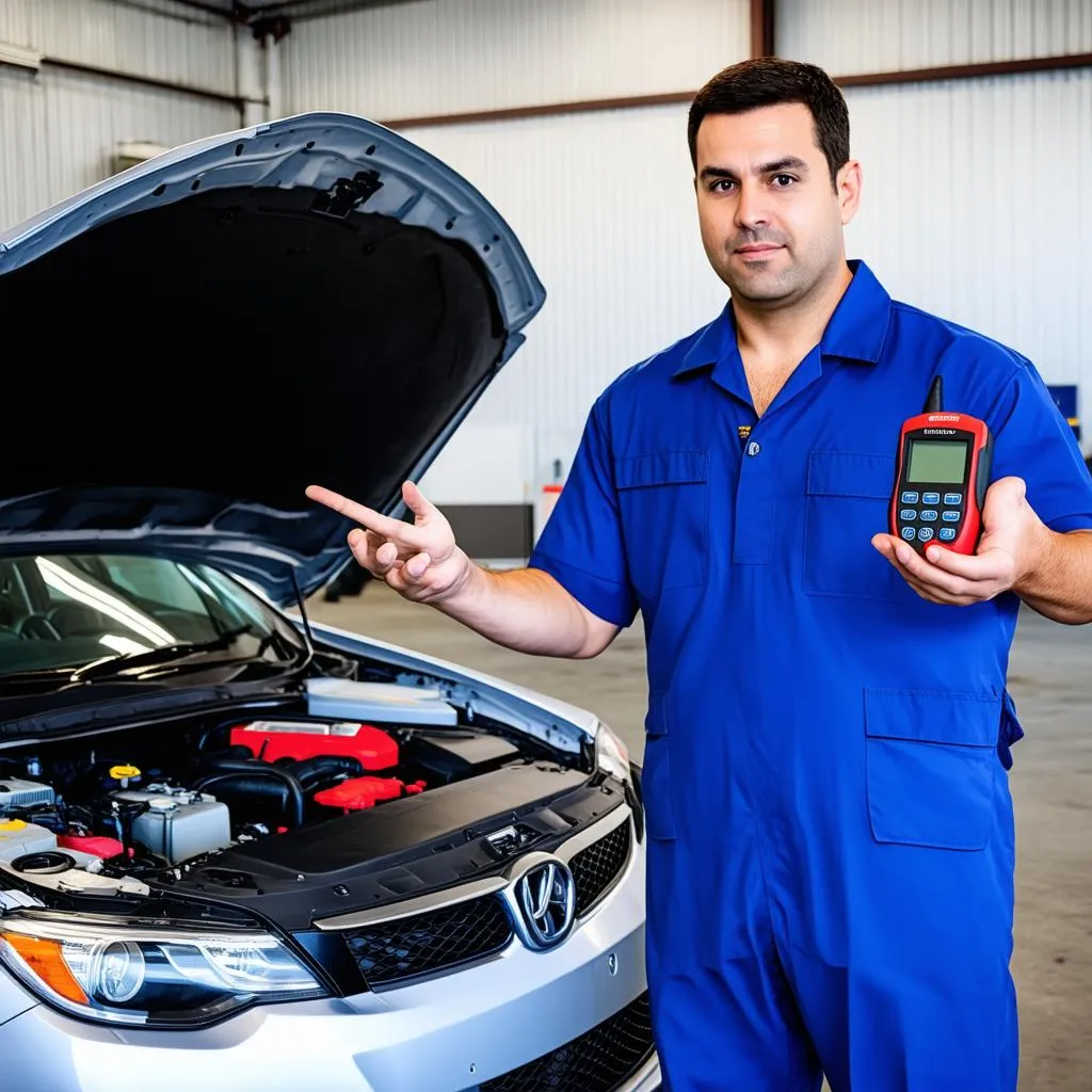 Mechanic explaining how to use an OBD scan tool