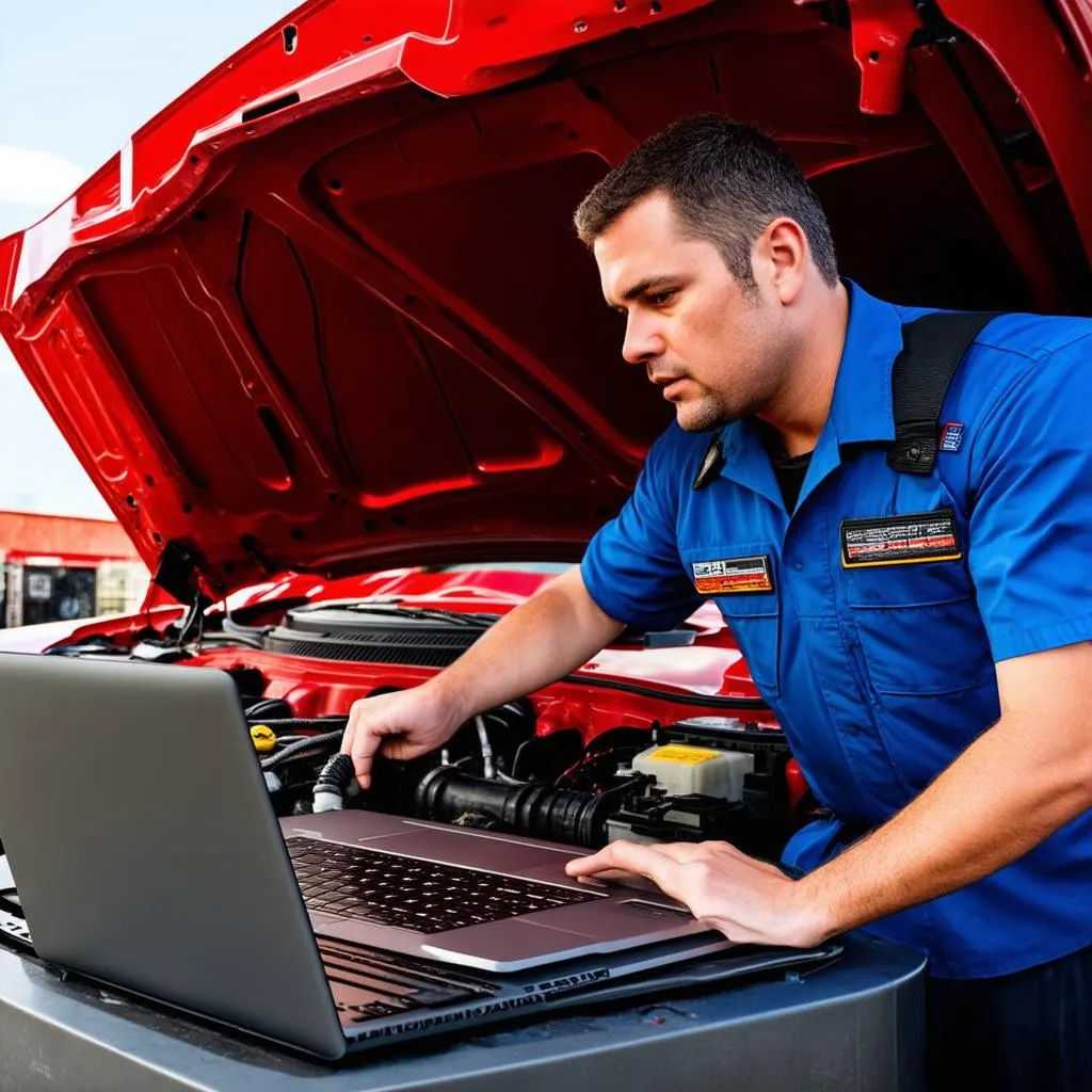 A mechanic using a laptop to diagnose a car problem