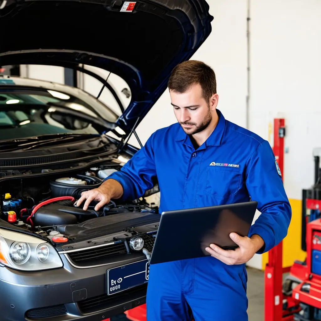 A mechanic using a laptop to diagnose a car problem.