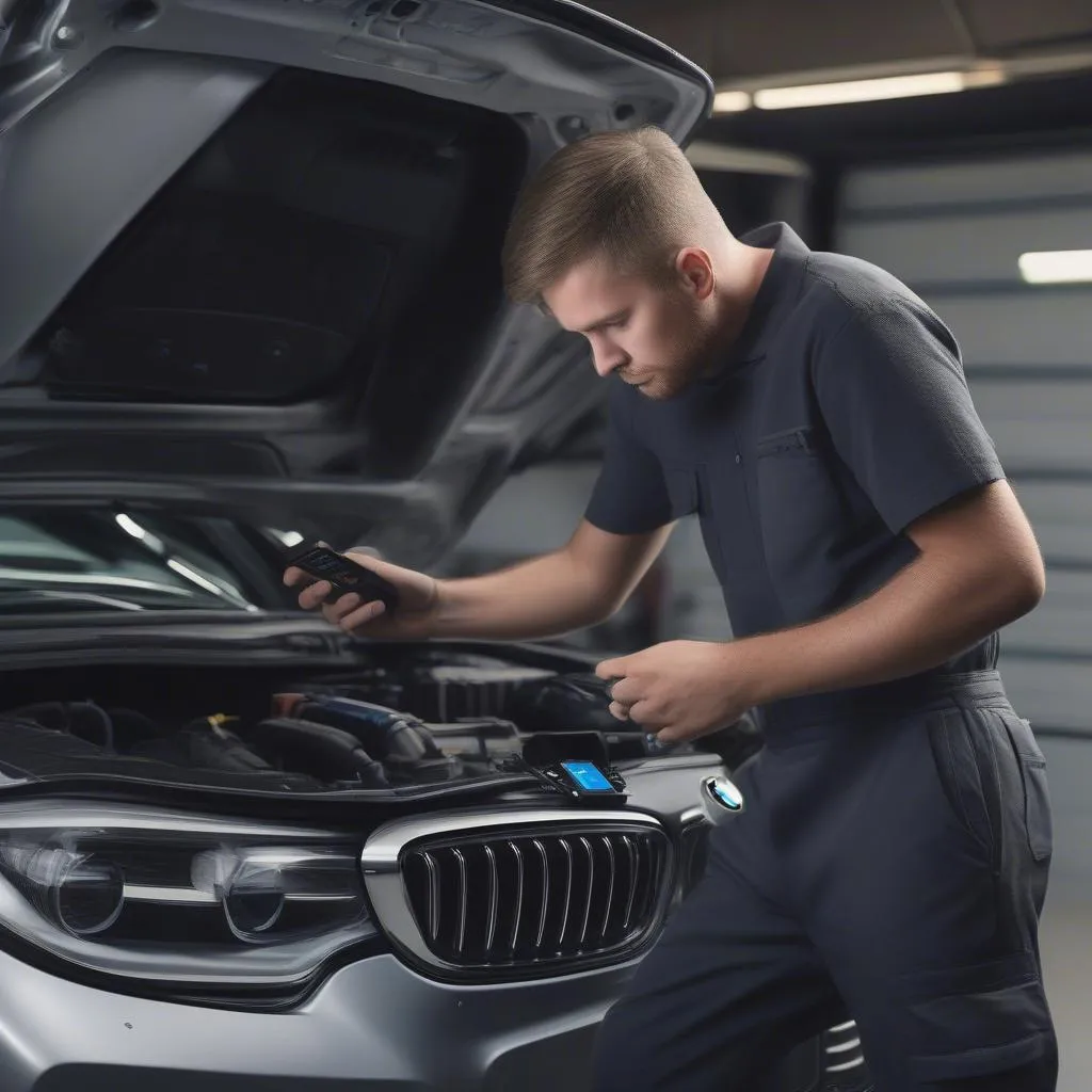 Mechanic using Launch OBD Scanner Bluetooth to diagnose a car's engine