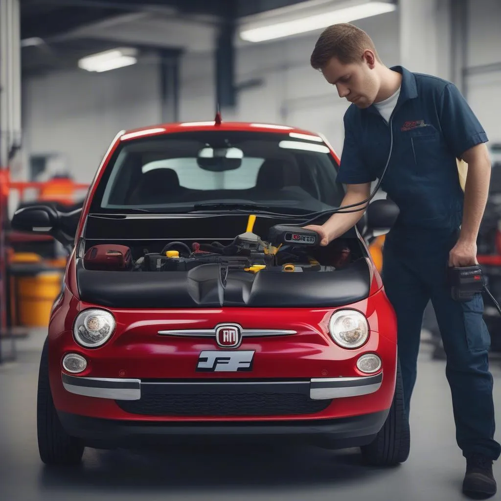 Mechanic Using OBD Scanner on a Fiat 500