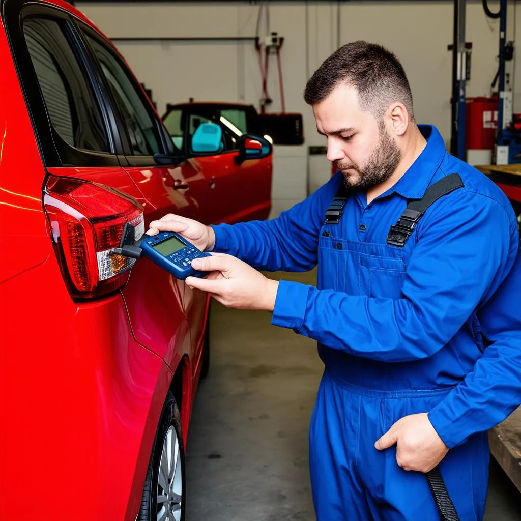 Mechanic using OBD2 scanner on a car