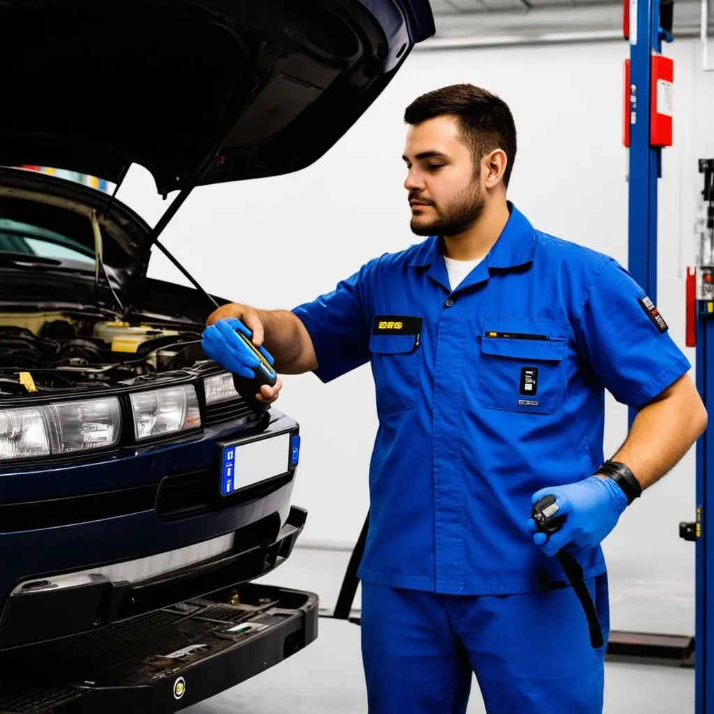 Mechanic using OBD2 scanner to diagnose car problems in auto repair shop