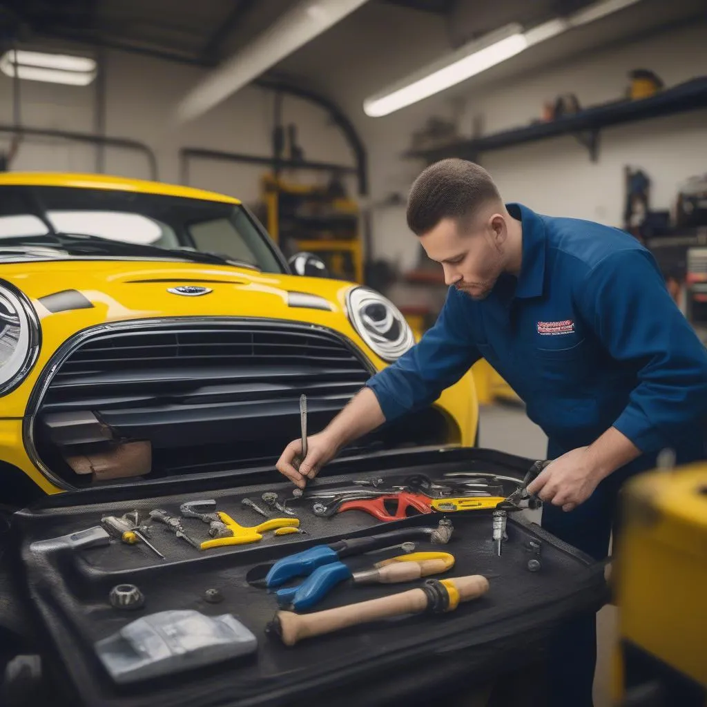 A mechanic is working on the engine of a Mini Cooper in a garage. The hood of the car is up, and the mechanic is using a wrench to tighten a bolt. There are tools and parts scattered around the garage.