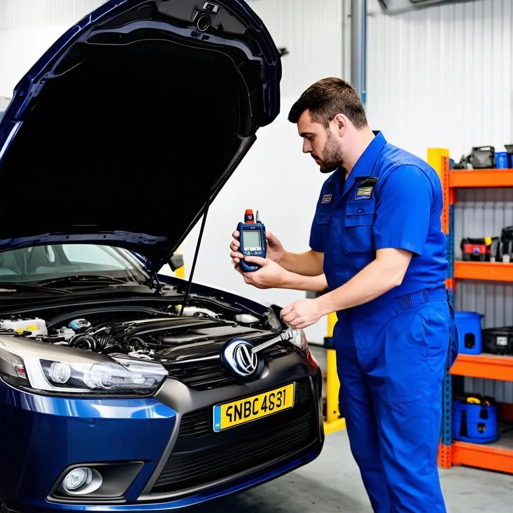 Mechanic working on a car engine with a diagnostic tool