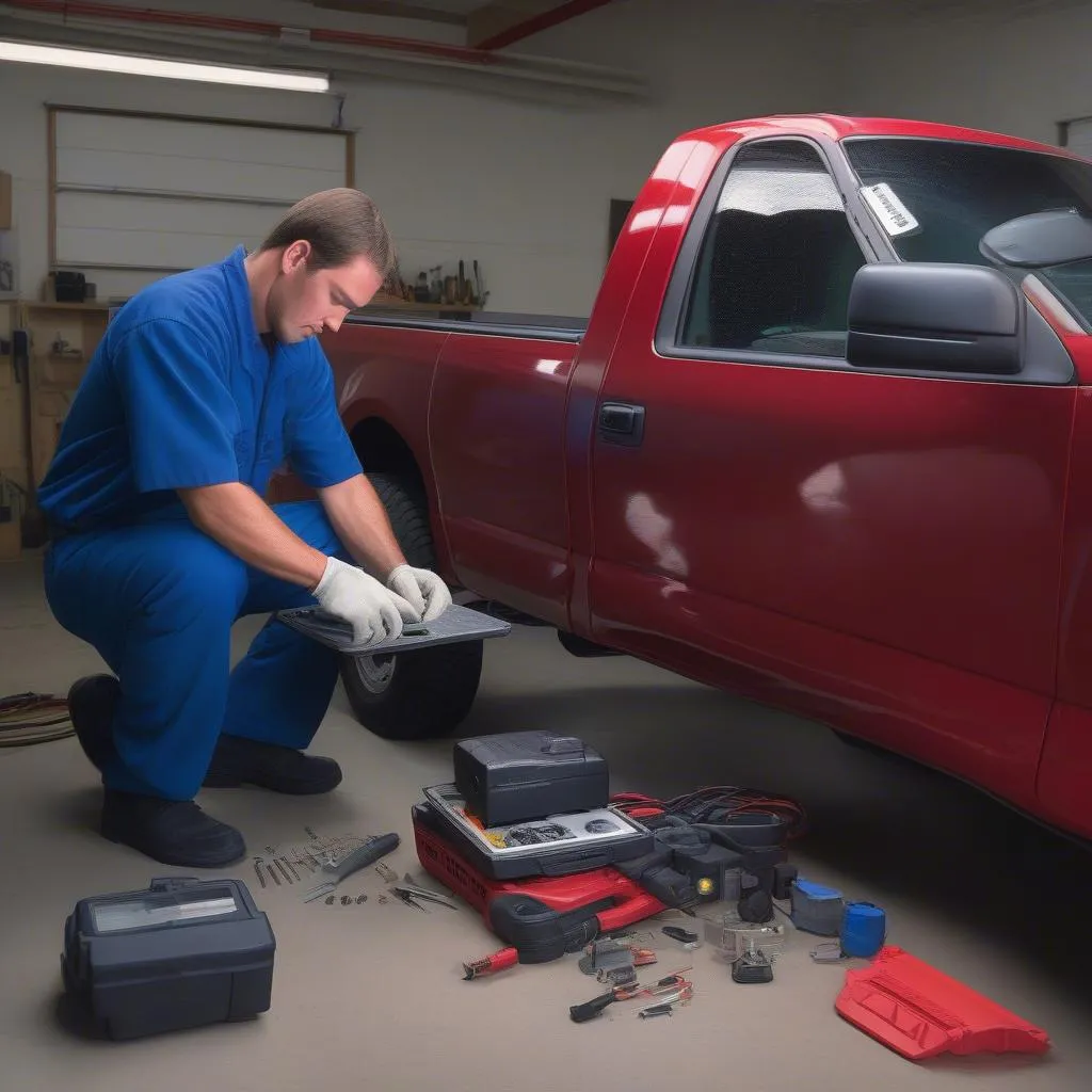 Mechanic Using OBD Scanner on 1997 Ford F150