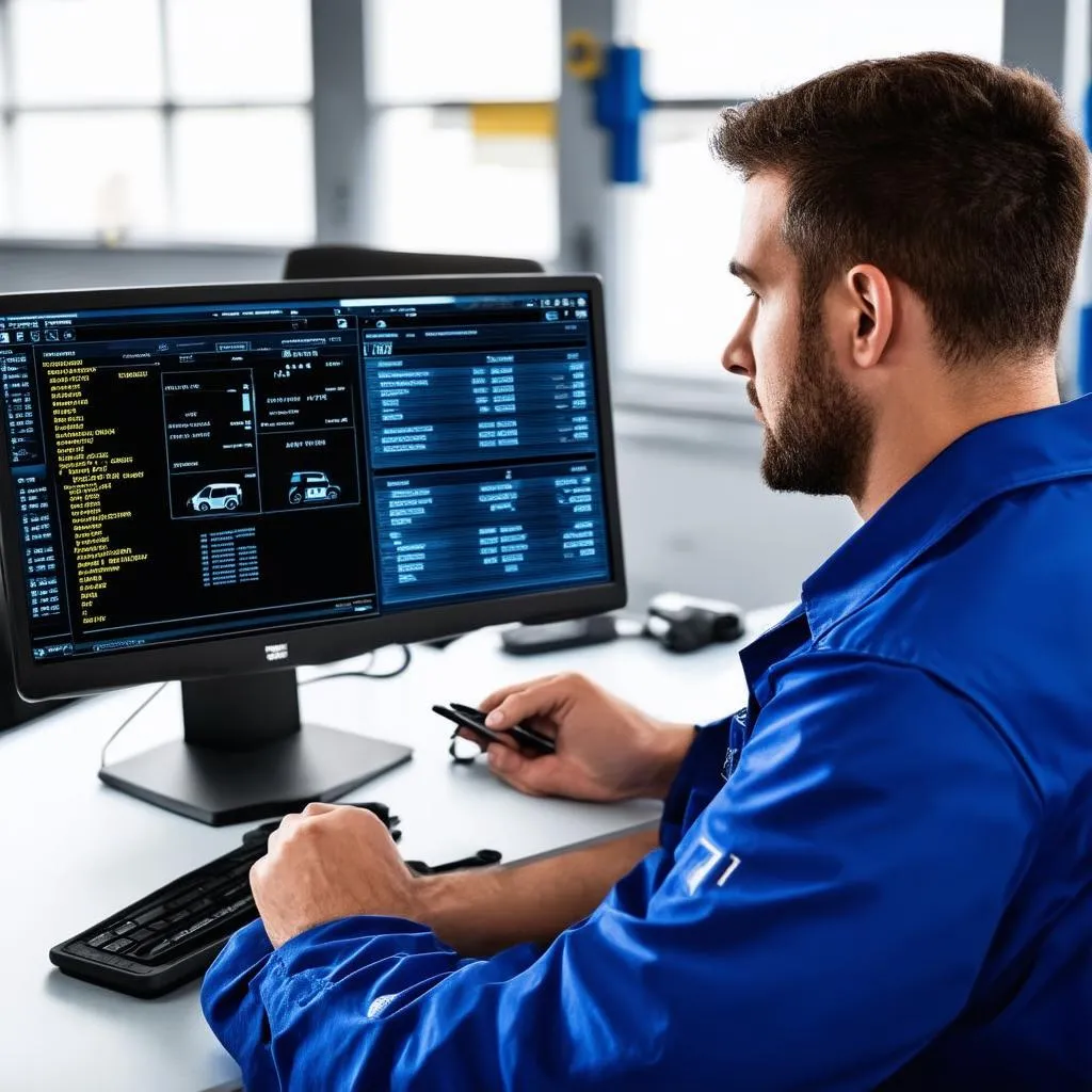 Mechanic analyzing car data on a computer