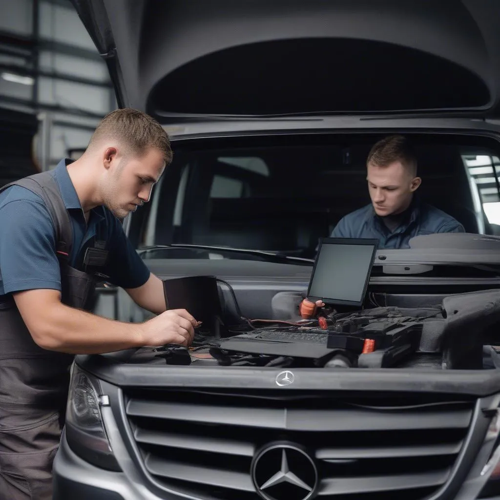 Mechanic using a laptop to diagnose a problem with a Mercedes Sprinter.