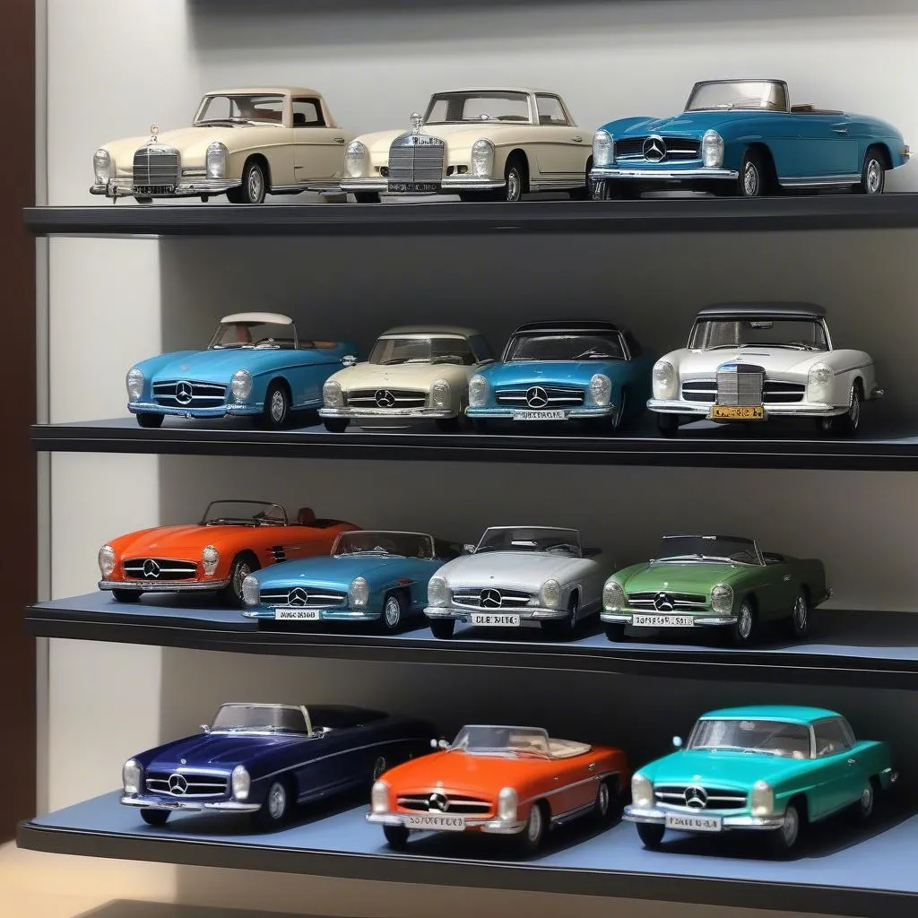 A collection of Mercedes Benz model cars displayed on a shelf.