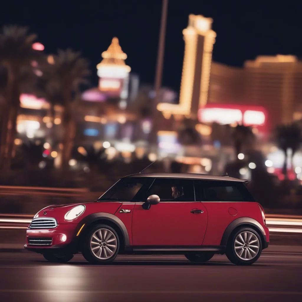 Mini Cooper driving on the Las Vegas Strip at night with the bright lights of casinos in the background.