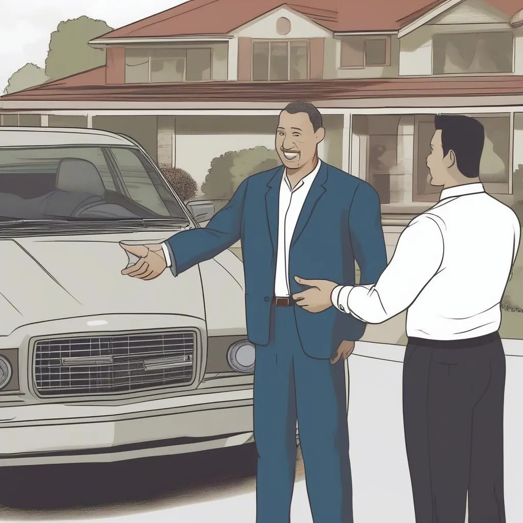 Man and a car salesman shaking hands over a car deal