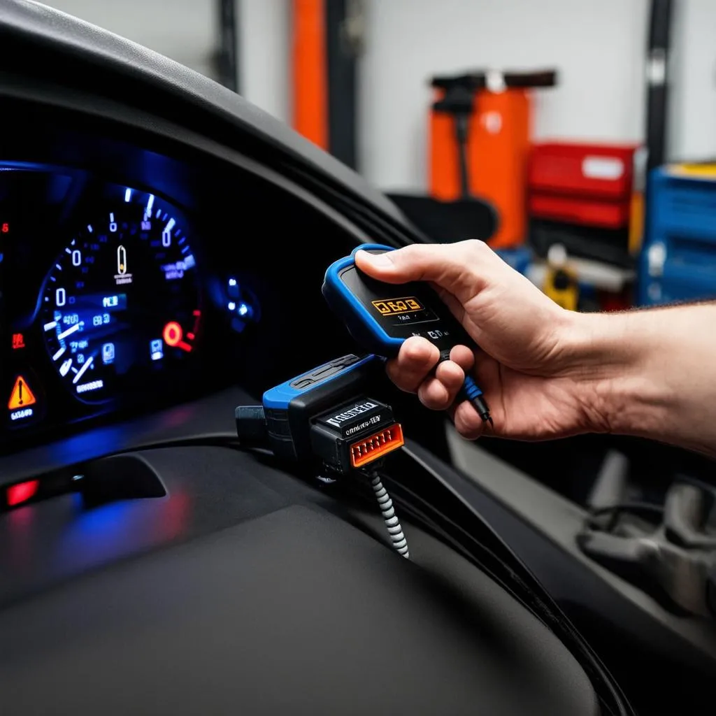 OBD Scanner plugged into a car's OBD port