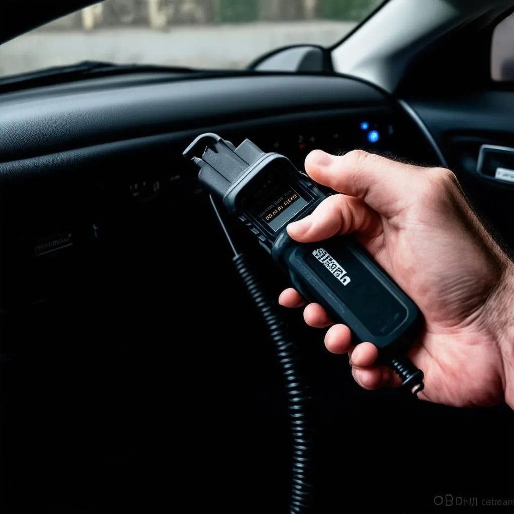 OBD2 Scanner plugged into a car's OBD2 port