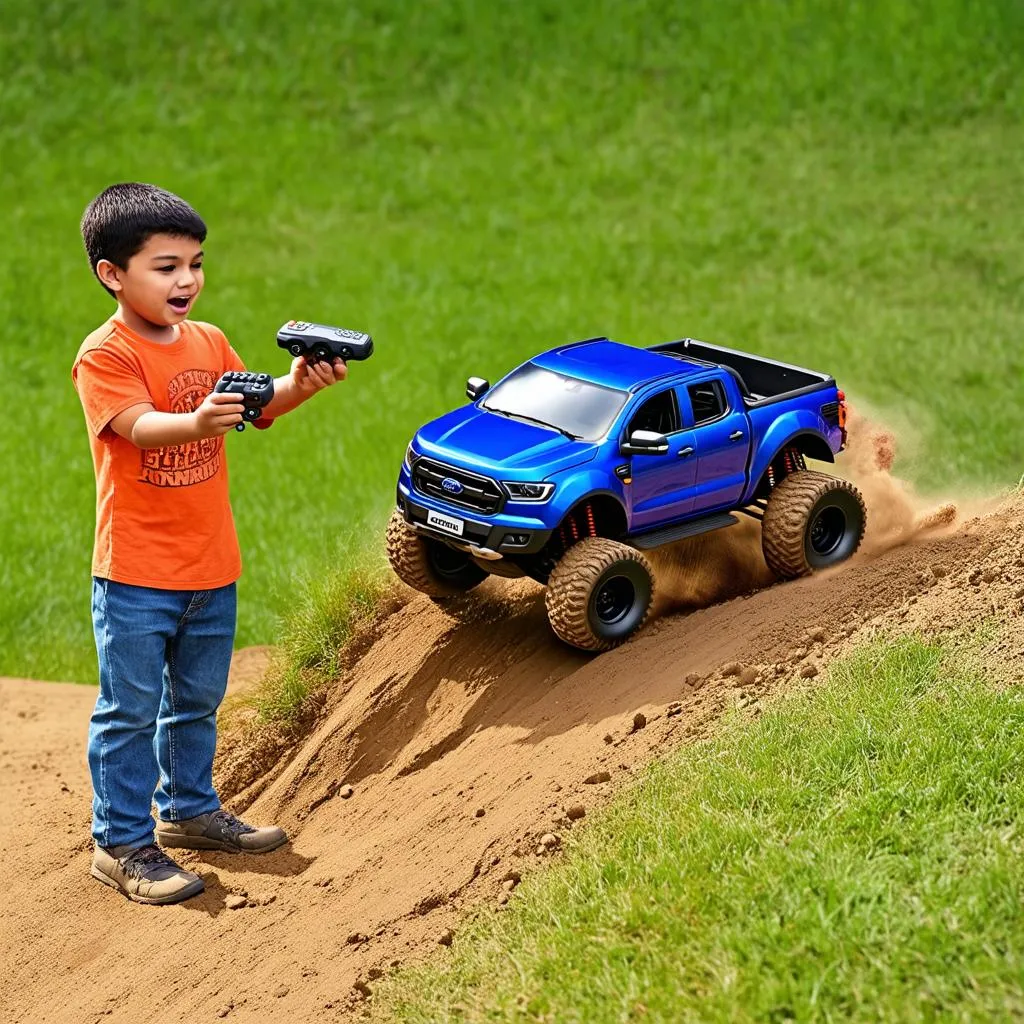 A child playing with a remote control Ford Ranger in the park