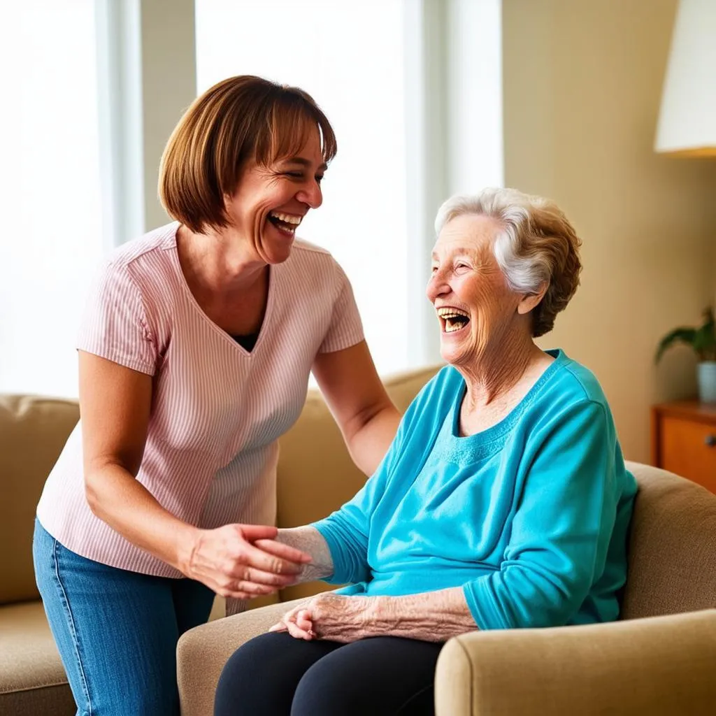 Caregiver and senior woman laughing together