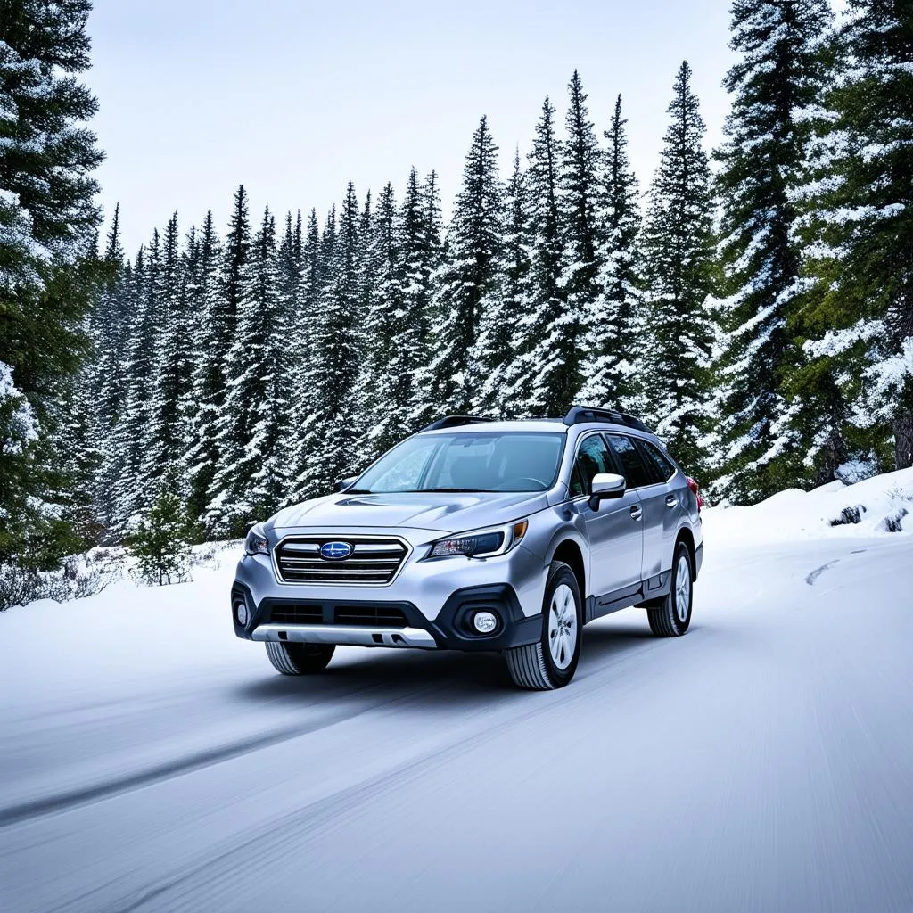 Subaru Outback in snowy mountains