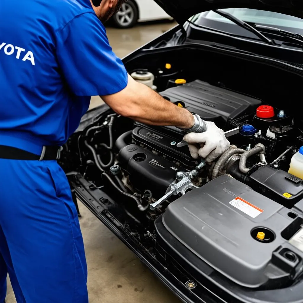 A mechanic works on a Toyota engine