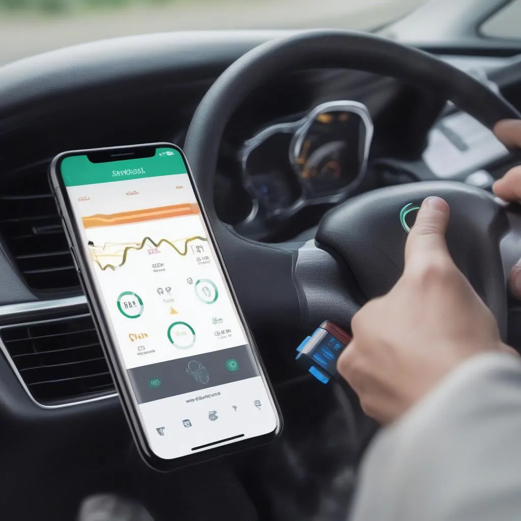 A hand holding a smartphone with a wireless OBD scanner plugged into a car's OBD port