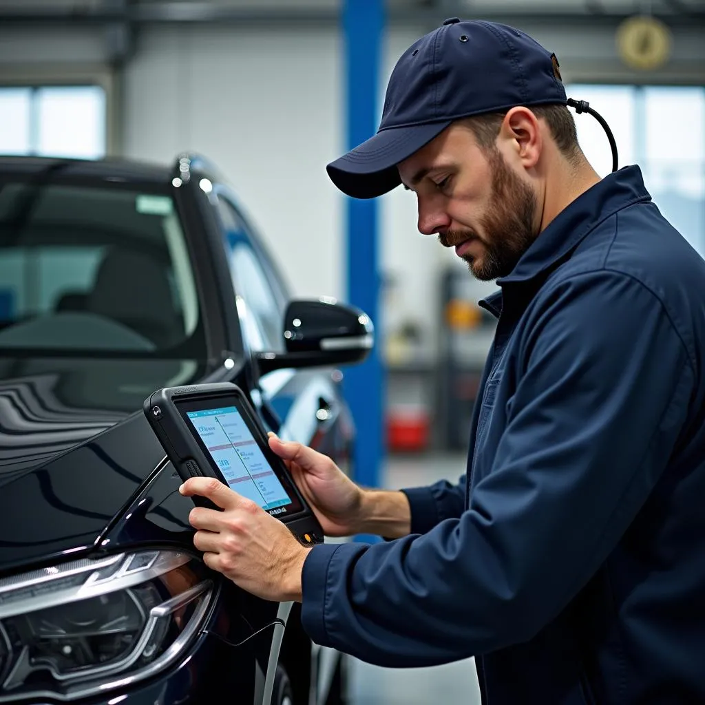 Skilled Technician Using Diagnostic Tool for ACA Auto Care