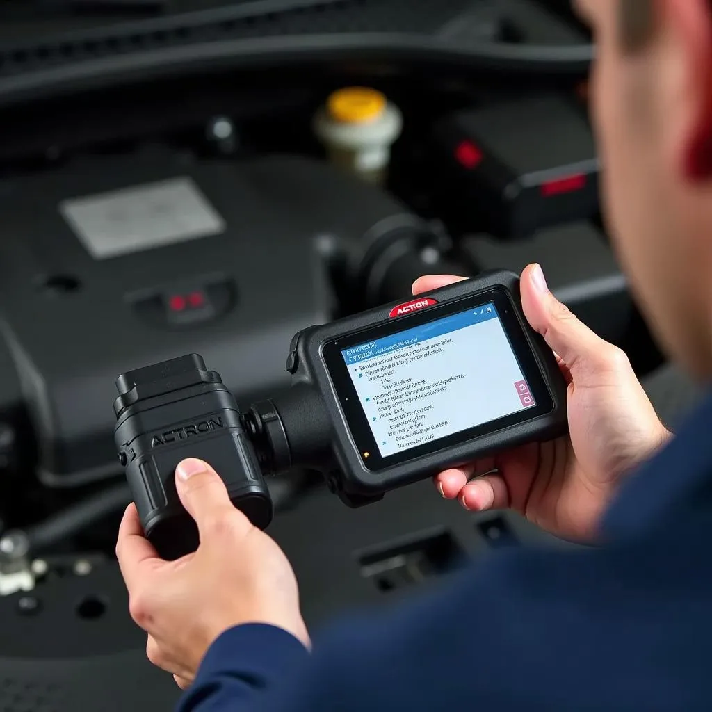 Mechanic using Actron CP9125 code reader on a car