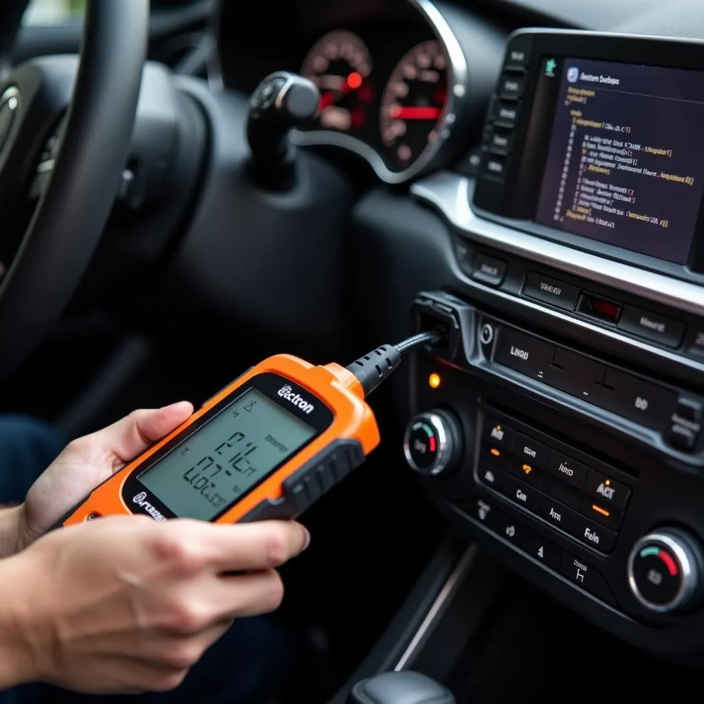 Actron Orange OBD Scanner Connected to a Car's OBD Port