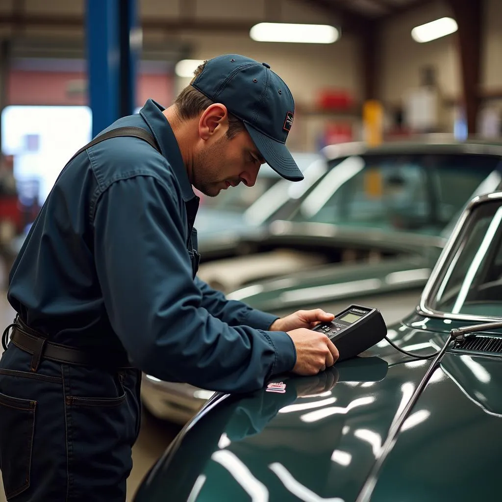 Mechanic using Actron Scan Tool OBD 1 on a classic car