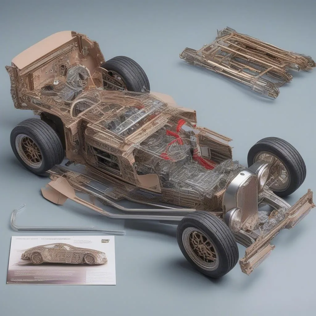 An intricate advanced scale model car kit showcasing the complexity of assembling highly detailed parts