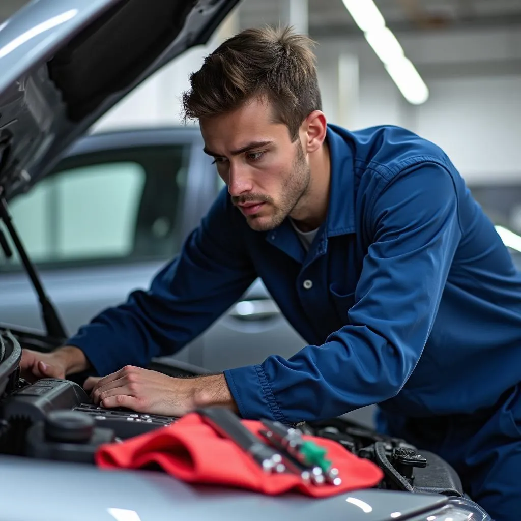 Mechanic checking car engine