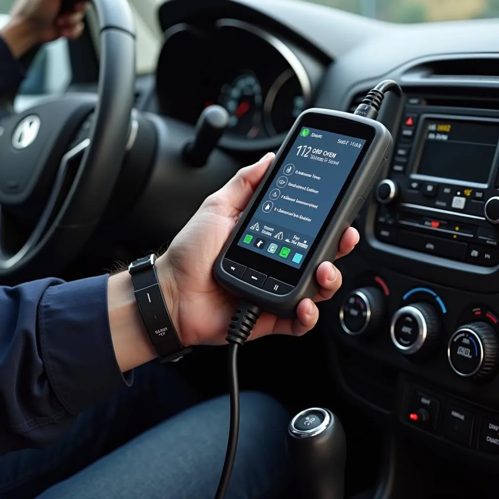 Mechanic using an airbag module OBD scanner