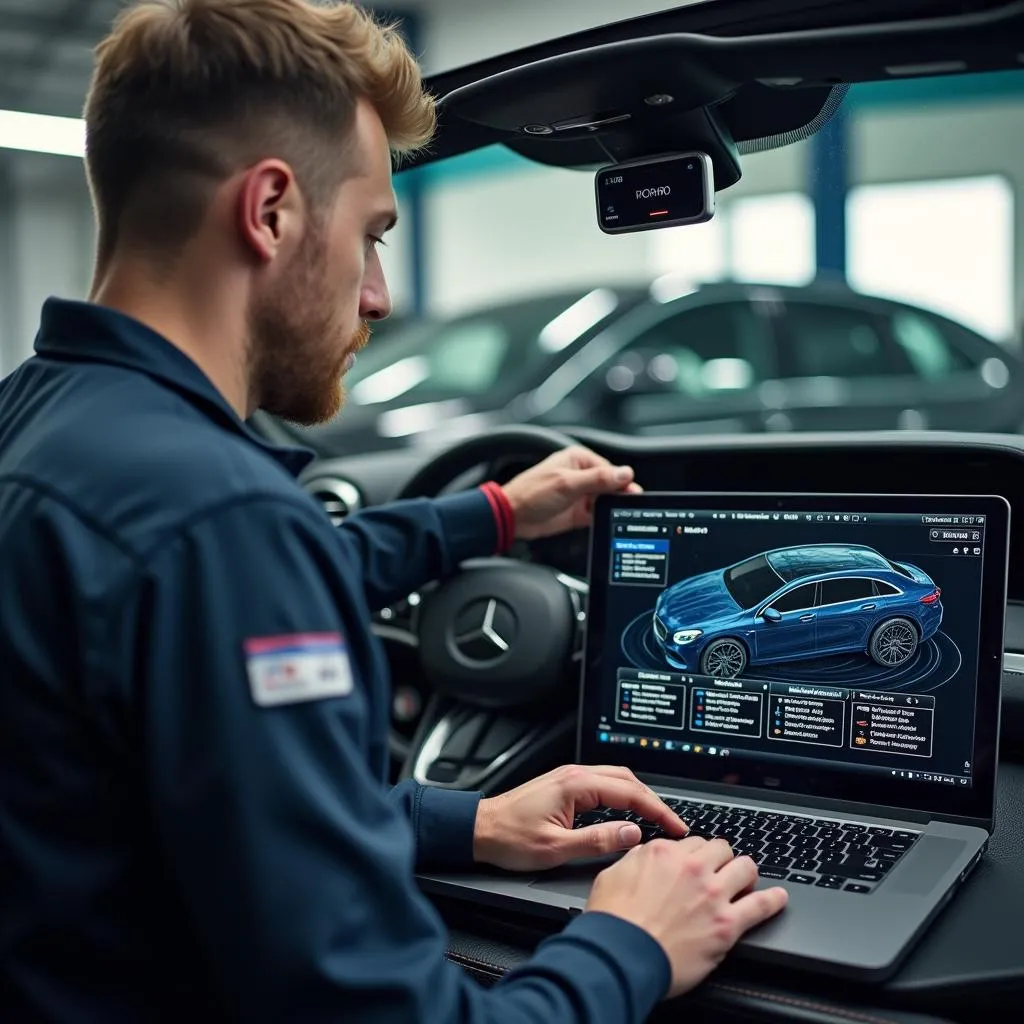 Mechanic using a diagnostic tool for all systems access on a European car