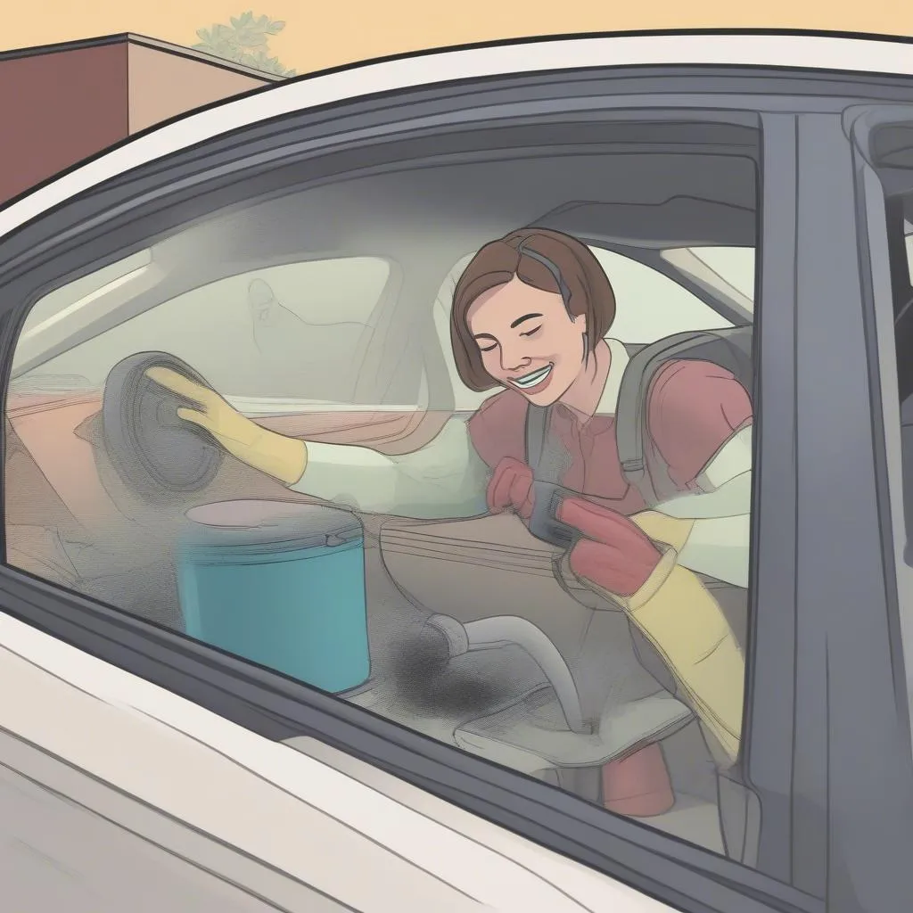 A woman uses a vacuum cleaner to clean the interior of her car. The vacuum cleaner hose is inserted into the door frame area where ants have been seen.