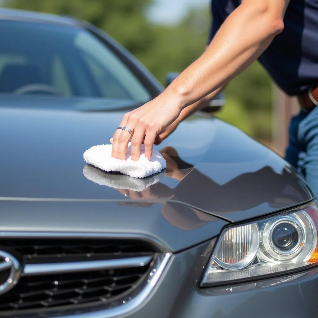 A person applying spray car detailer on a car hood.