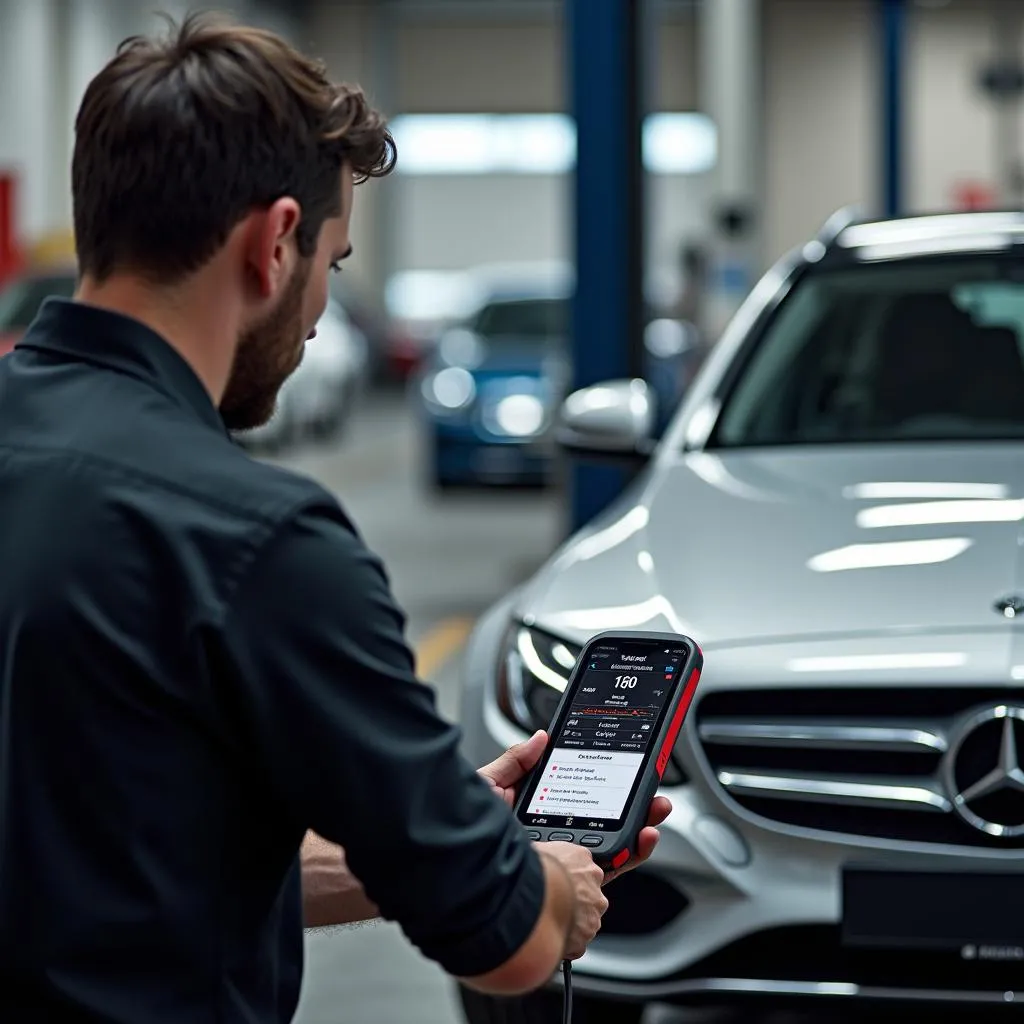 Mechanic using an Arcueid OBD scanner to diagnose a European car