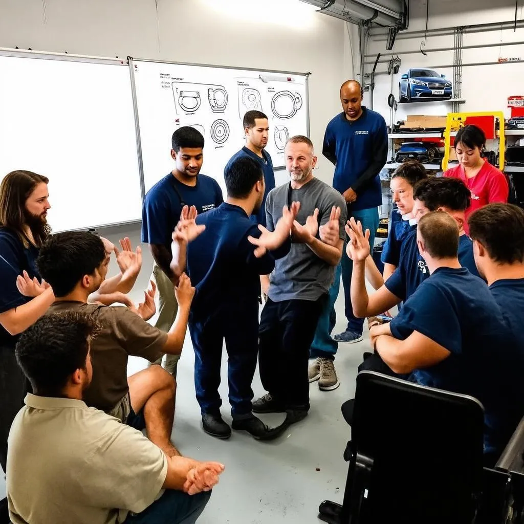 Mechanic learning sign language in a garage