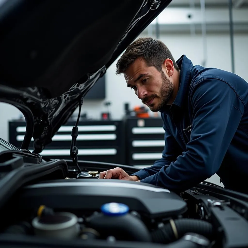 Experienced mechanic diagnosing a BMW engine issue at Atlantic Motor Car