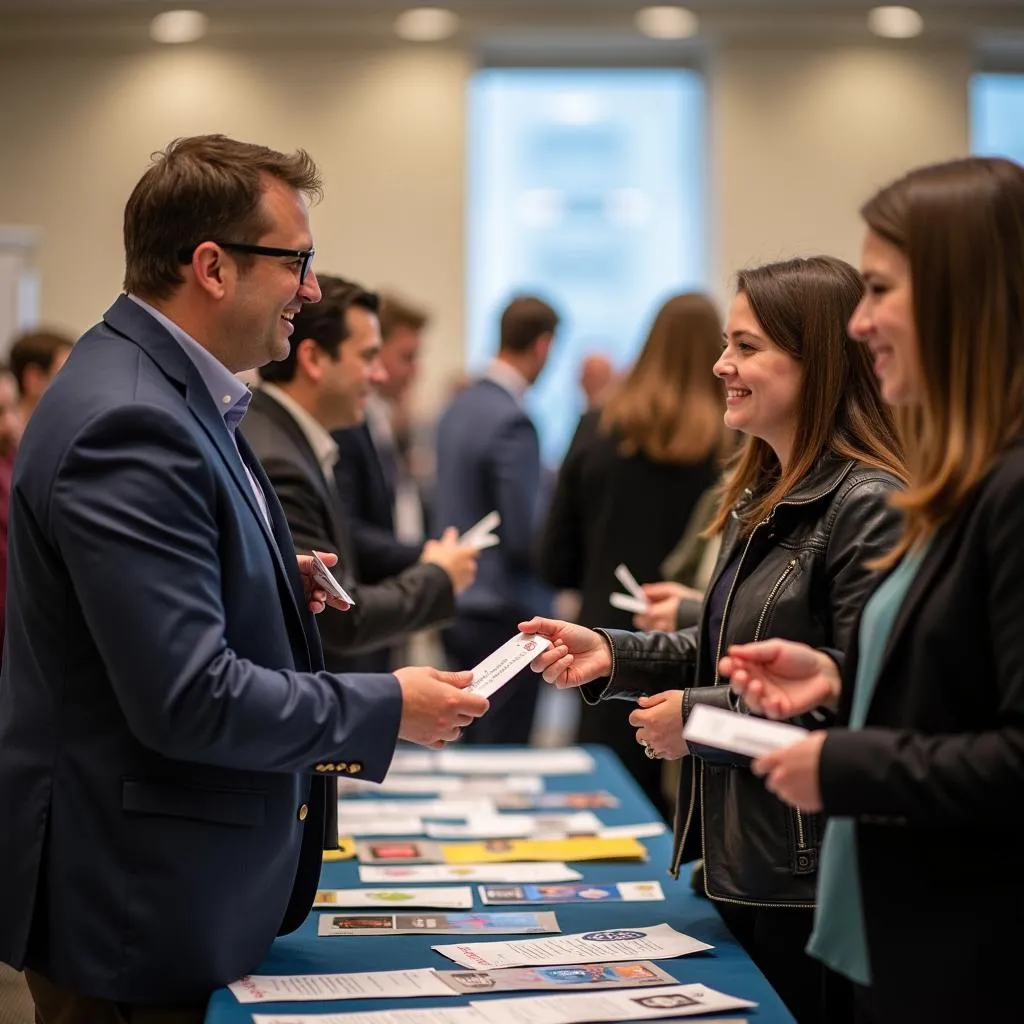 Attendees networking at a career fair, exchanging business cards and engaging in conversations.